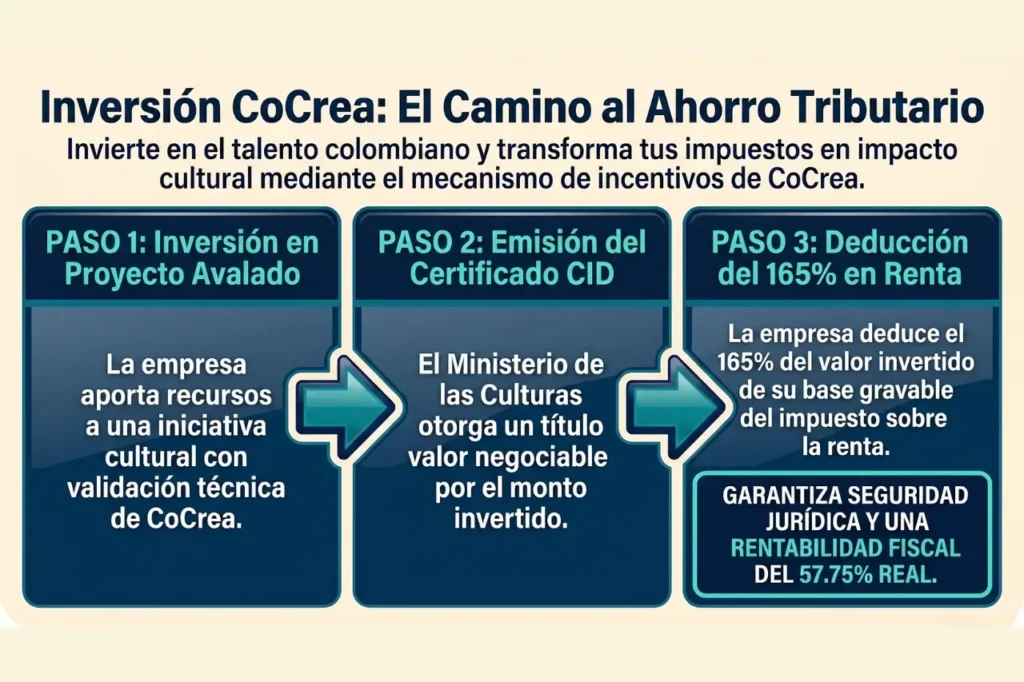 Cómo funciona el incentivo tributario CoCrea deducción 165% base gravable impuesto de renta Colombia Cómo funciona el incentivo tributario CoCrea deducción 165% base gravable impuesto de renta Colombia